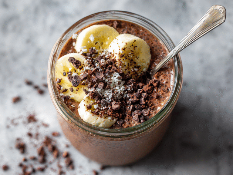 High Protein Chocolate Chia Pudding in a jar with toppings