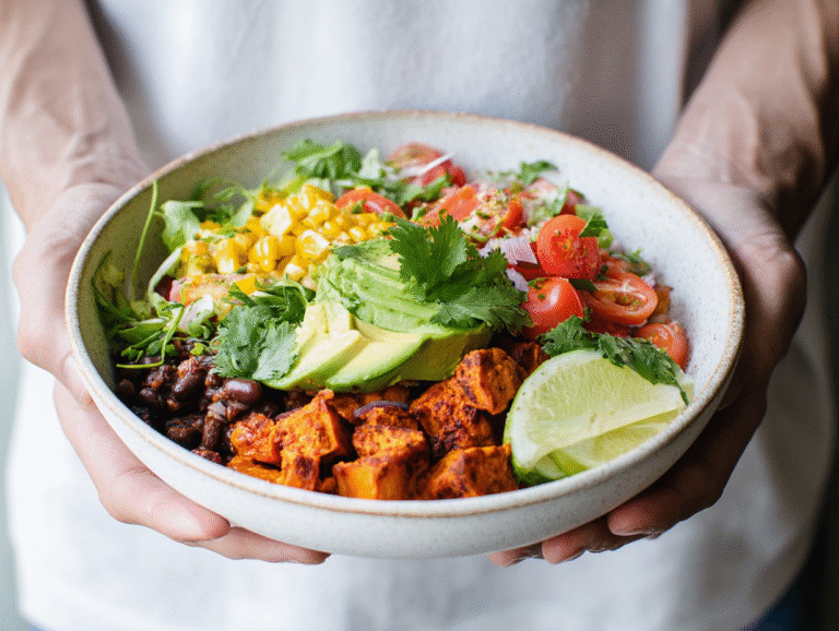 Sweet potato taco bowl on white ceramic plate