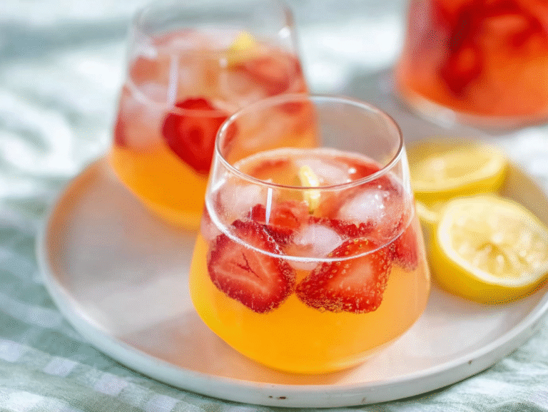 Strawberry Mango Lemonade: Quick Summer Drink 14 Strawberry mango lemonade in a clear glass with fresh fruit