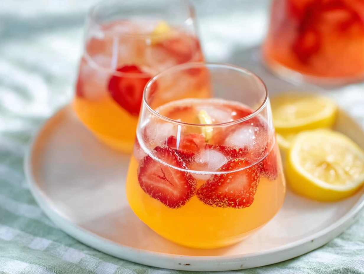 Strawberry mango lemonade in a clear glass with fresh fruit