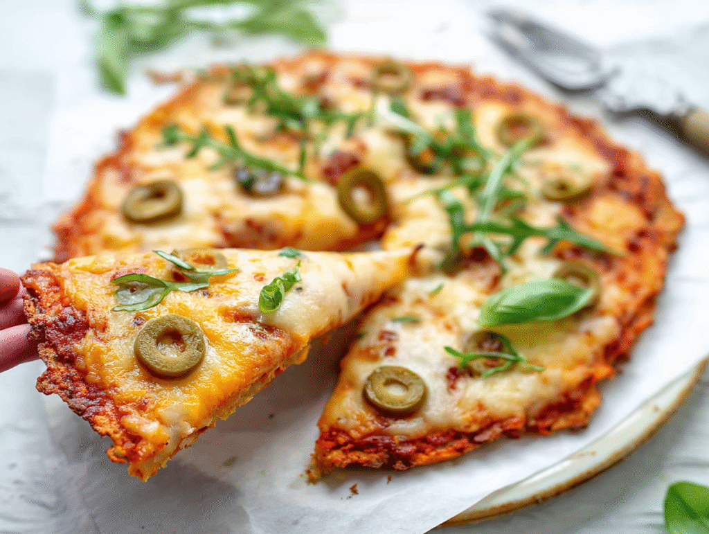 serving low carb pizza on white plate