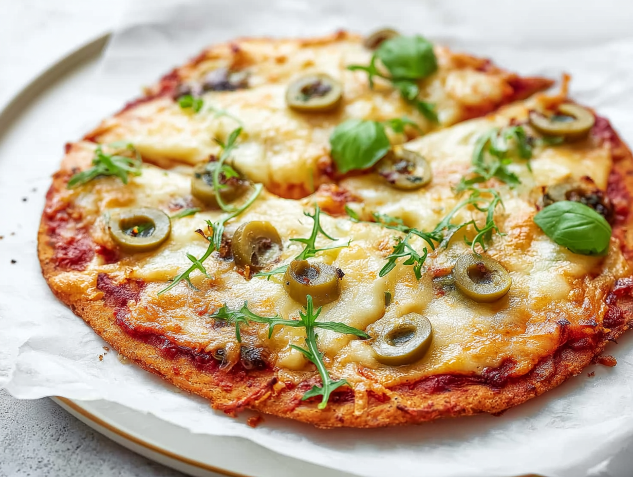 low carb pizza crust on white plate