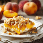Peach Cobbler Cheesecake Bars: A Comforting Twist on Two Classics 11 peach cobbler cheesecake bars with crumble topping on plate