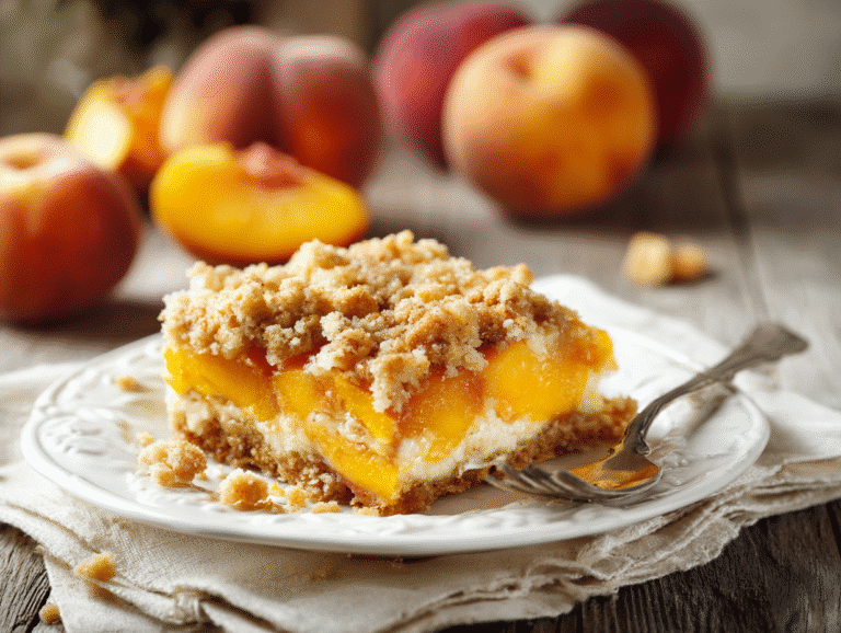 Peach Cobbler Cheesecake Bars: A Comforting Twist on Two Classics 1 peach cobbler cheesecake bars with crumble topping on plate