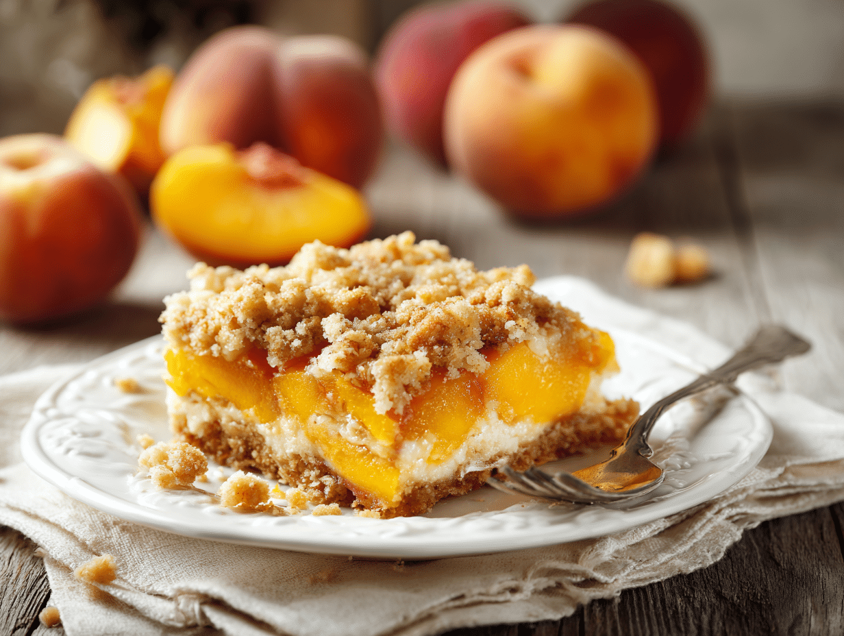 peach cobbler cheesecake bars with crumble topping on plate