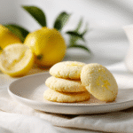 stack of sugar free lemon cookies with lemon slices on white plate