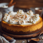Keto pumpkin cheesecake with whipped cream and cinnamon.