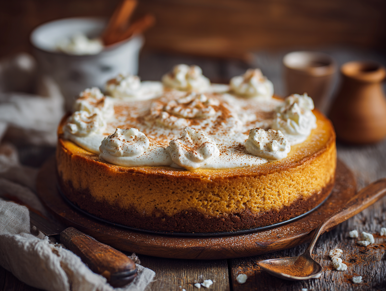 Keto pumpkin cheesecake with whipped cream and cinnamon.
