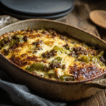 Cheesy low carb Philly cheesesteak casserole in baking dish