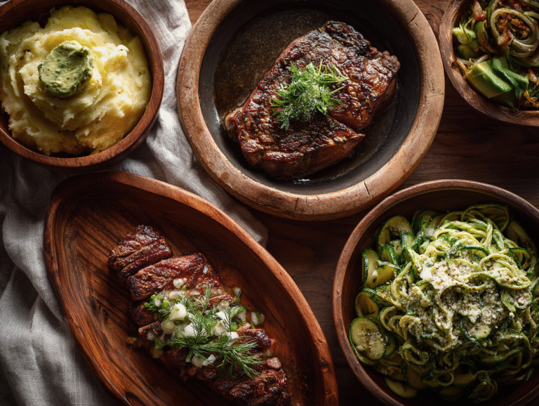 Keto dinners on a rustic dinner table