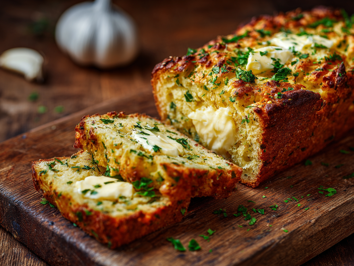 keto garlic bread recipe on wooden board