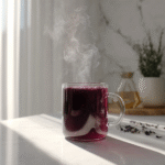 Purple Peel Exploit weight loss drink on white marble countertop with fresh fruit