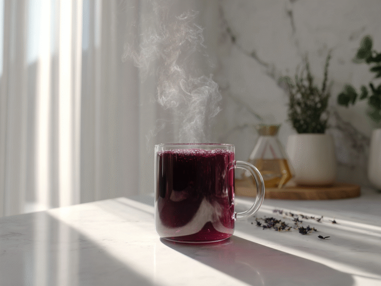 Purple Peel Exploit weight loss drink on white marble countertop with fresh fruit