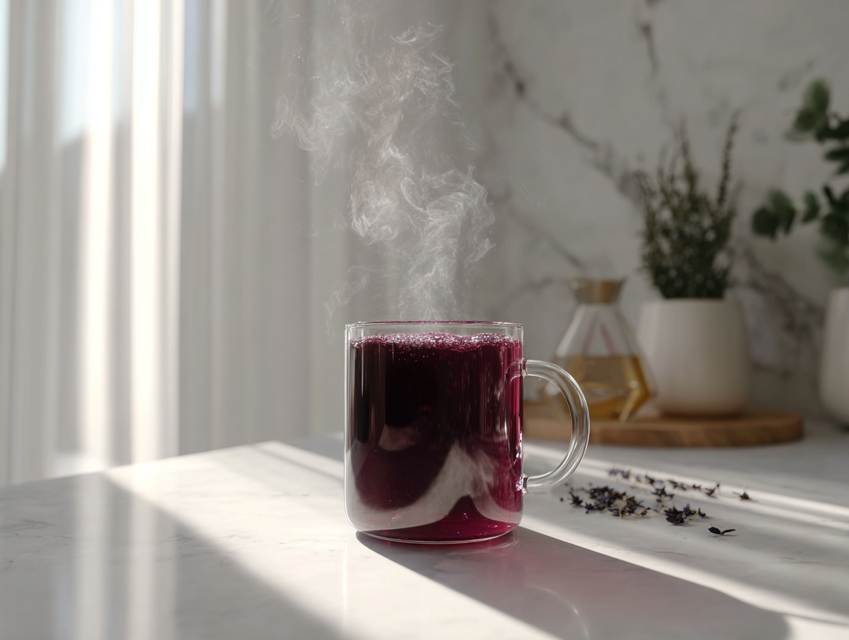 Purple Peel Exploit weight loss drink on white marble countertop with fresh fruit