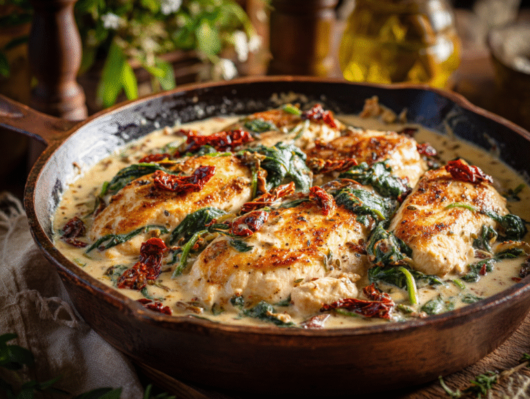 Tuscan chicken in creamy sauce with sun-dried tomatoes and spinach