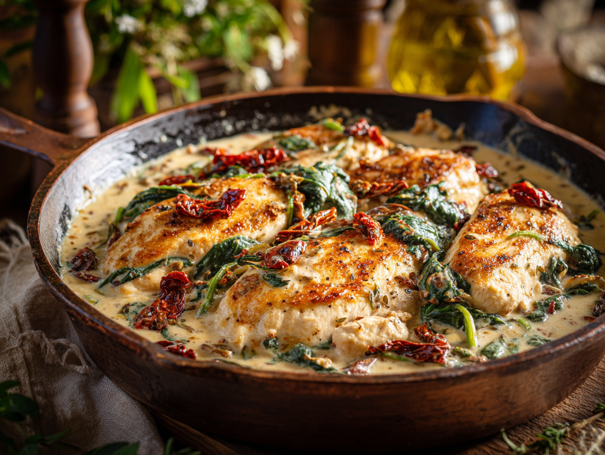 Tuscan chicken in creamy sauce with sun-dried tomatoes and spinach