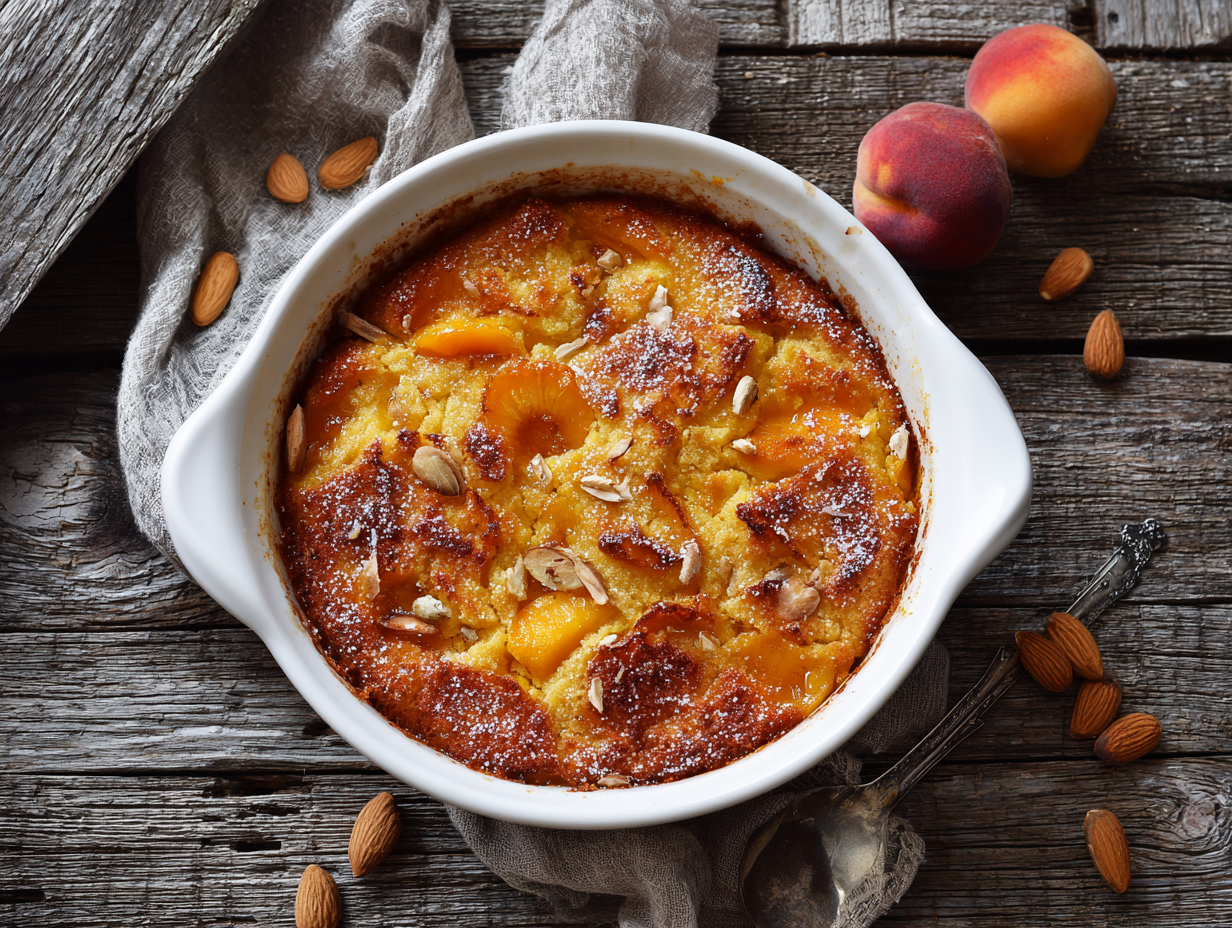 keto peach cobbler in rustic white baking dish
