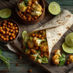 spicy chili lime chickpea cauliflower wrap on rustic table