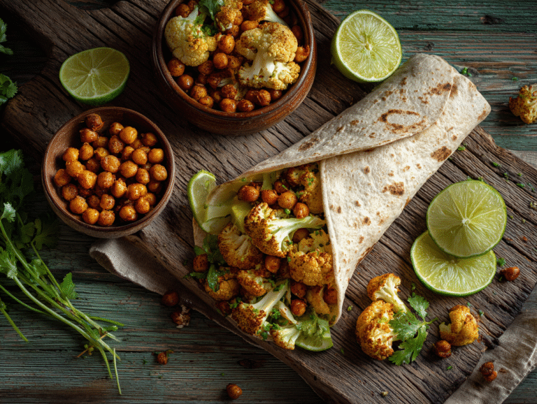 spicy chili lime chickpea cauliflower wrap on rustic table