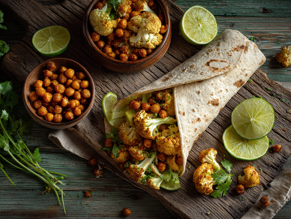 spicy chili lime chickpea cauliflower wrap on rustic table