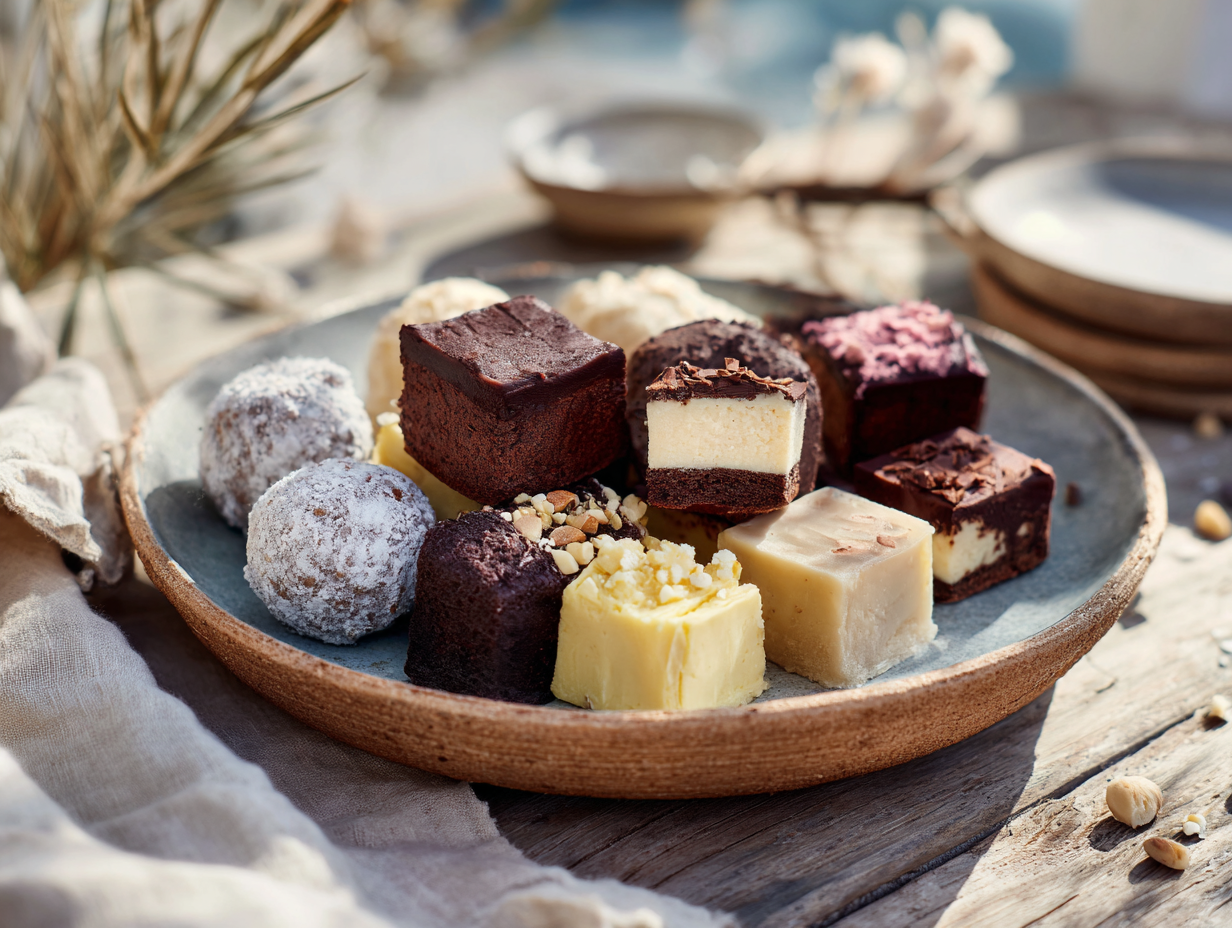 keto sweets assortment on rustic table