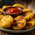 Crispy broccoli cheese rounds served with marinara dip