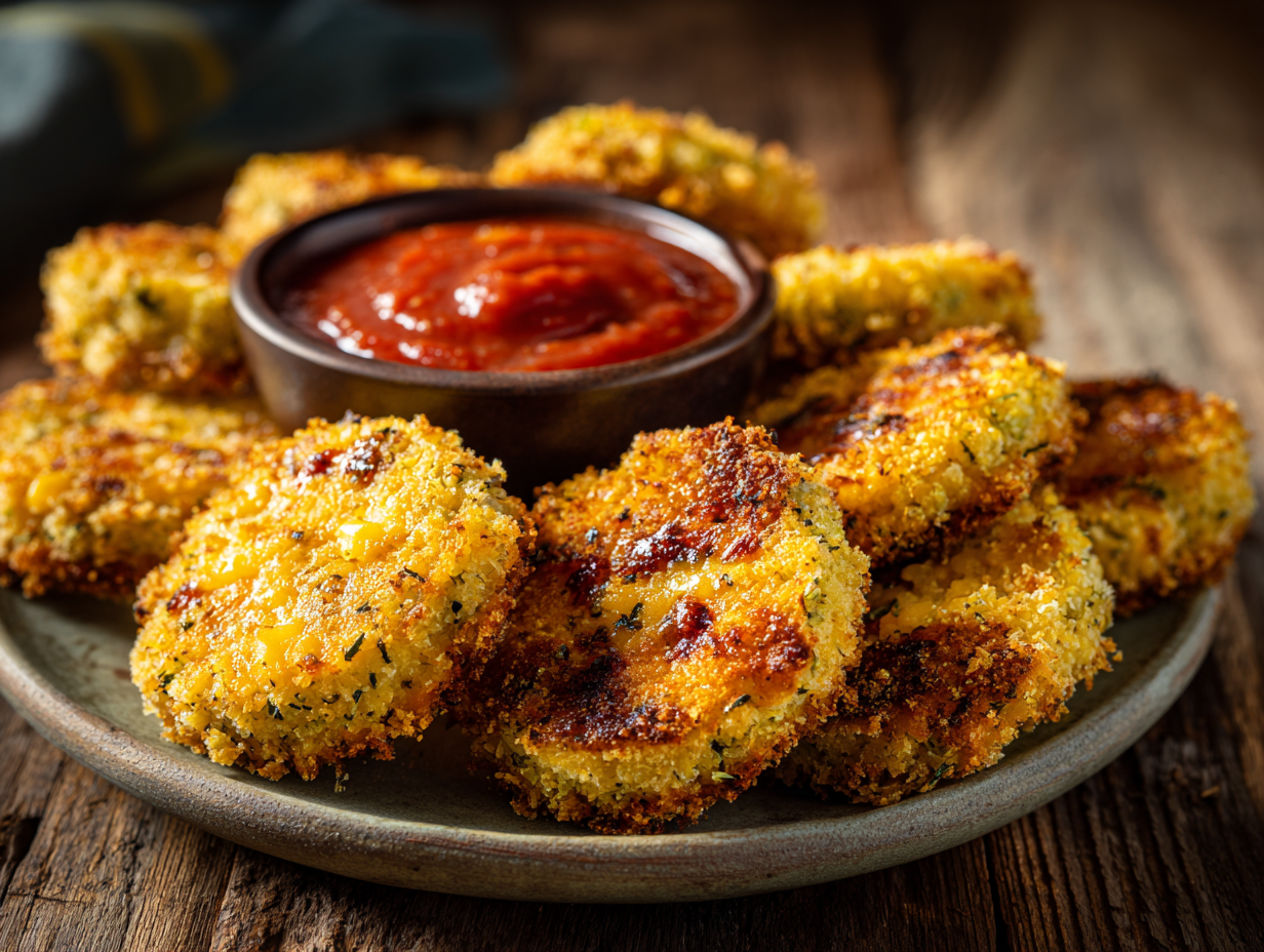 Crispy broccoli cheese rounds served with marinara dip