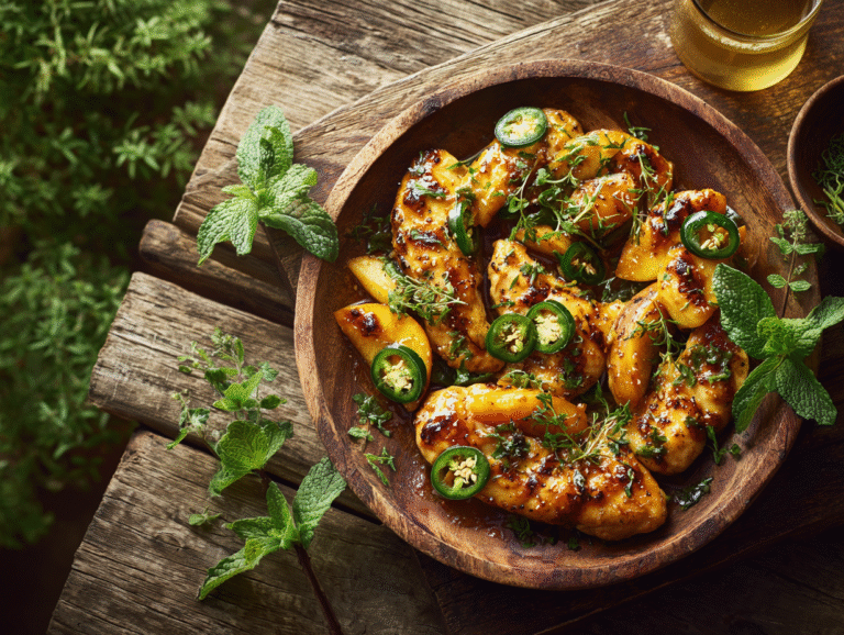 Jalapeno Peach Chicken on rustic table