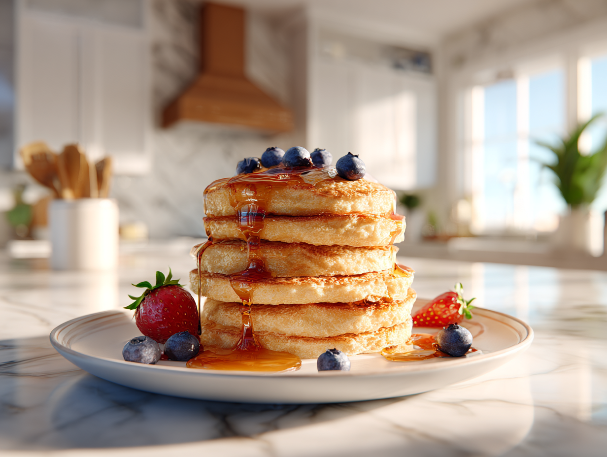 Low carb pancakes with blueberries and syrup