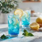 Blue Tonic for Weight Loss with lemon and mint in bright kitchen