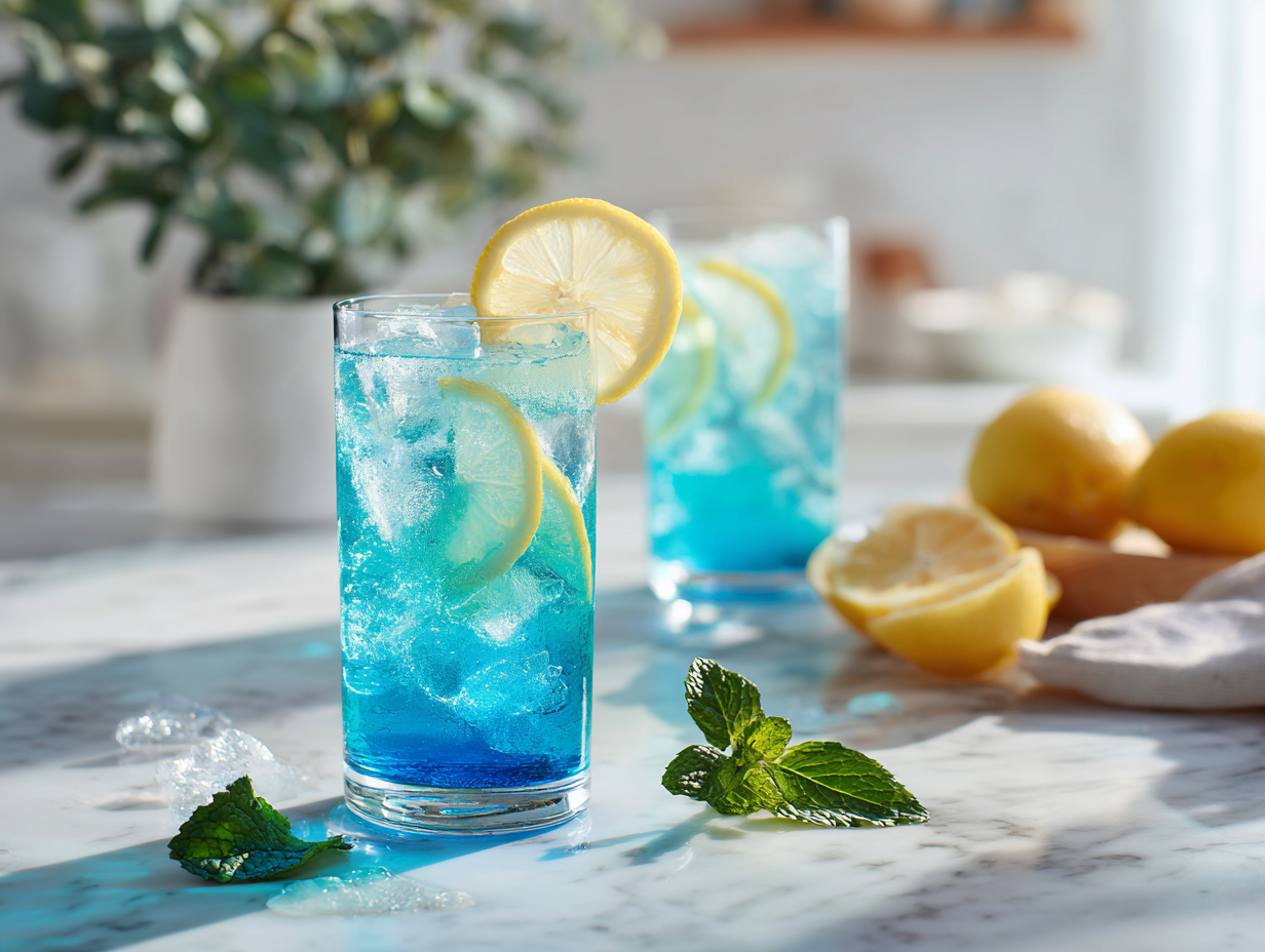 Blue Tonic for Weight Loss with lemon and mint in bright kitchen