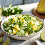 Pineapple cucumber salad in a rustic bowl with lime