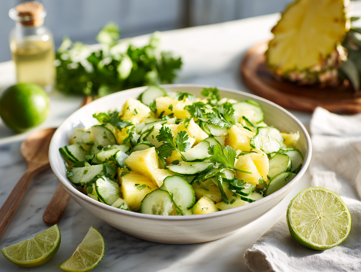 Pineapple cucumber salad in a rustic bowl with lime