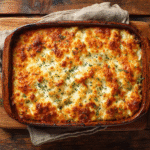 Cheesy ground beef and cauliflower rice casserole in a baking dish