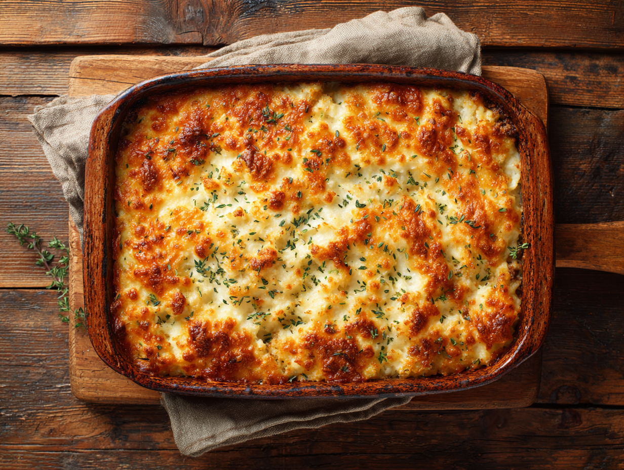 Cheesy ground beef and cauliflower rice casserole in a baking dish