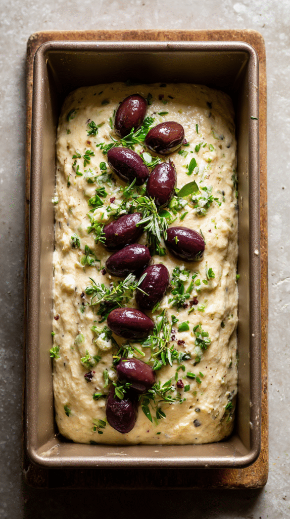 keto olive bread batter in loaf pan