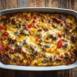 Low Carb Philly Cheesesteak Casserole baked in dish