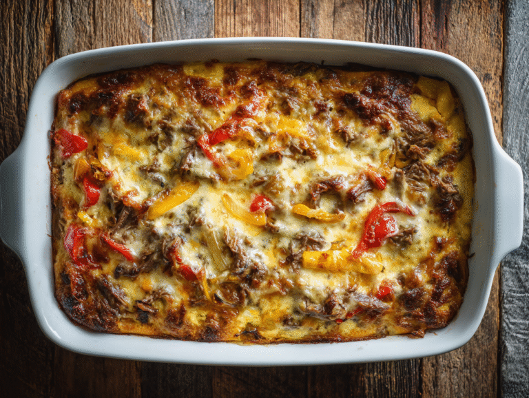 Low Carb Philly Cheesesteak Casserole baked in dish