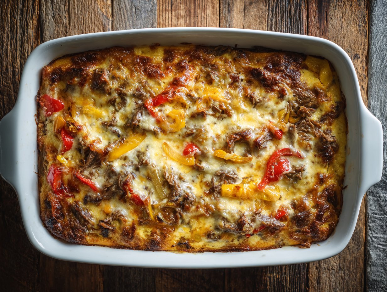 Low Carb Philly Cheesesteak Casserole baked in dish
