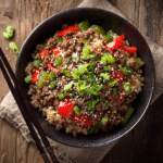 Healthy beef and pepper rice bowl with brown rice