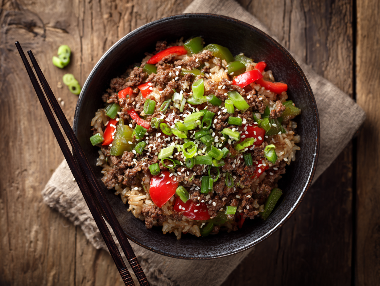 Healthy beef and pepper rice bowl with brown rice