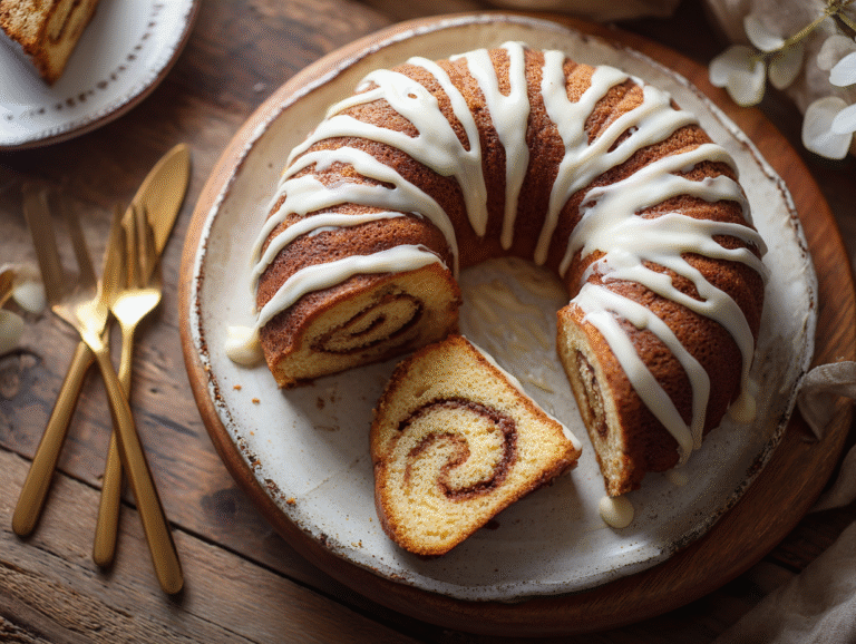 Low carb cinnamon roll cake with almond flour and cream cheese glaze
