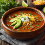keto taco soup in rustic bowl with toppings