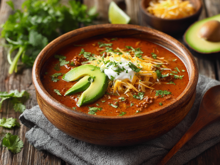 keto taco soup in rustic bowl with toppings