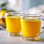 turmeric hack drink in clear mug with turmeric and lemon