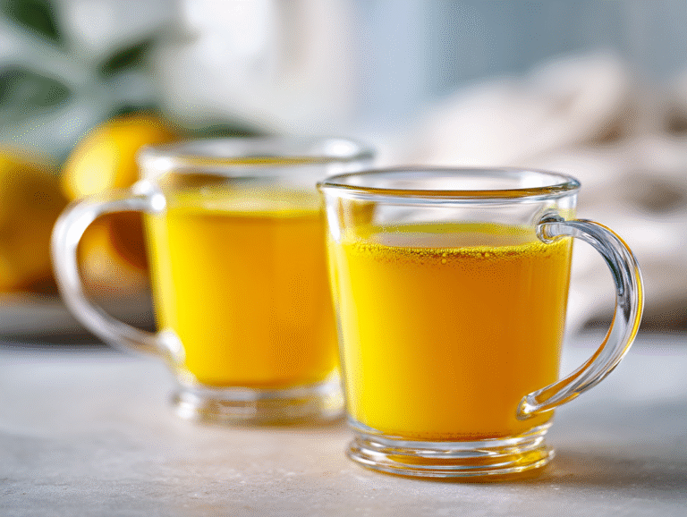 turmeric hack drink in clear mug with turmeric and lemon