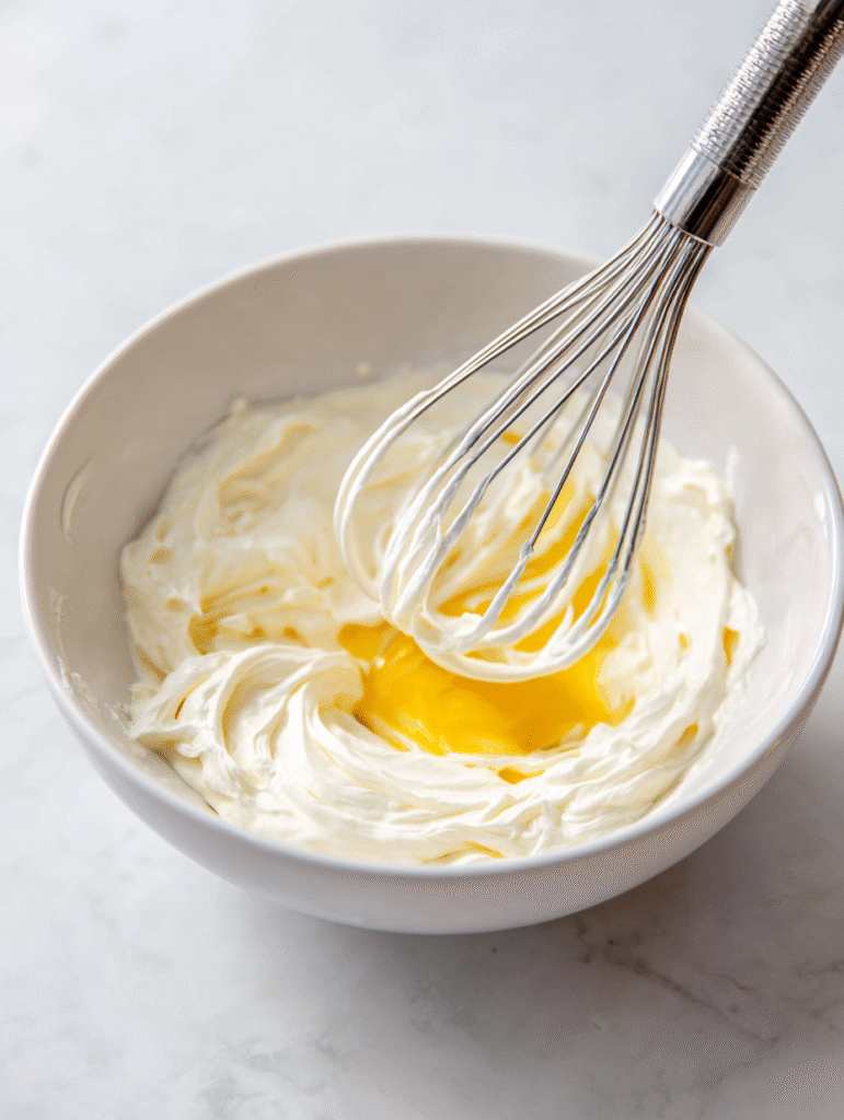 Close-up of whisking cream cheese, egg