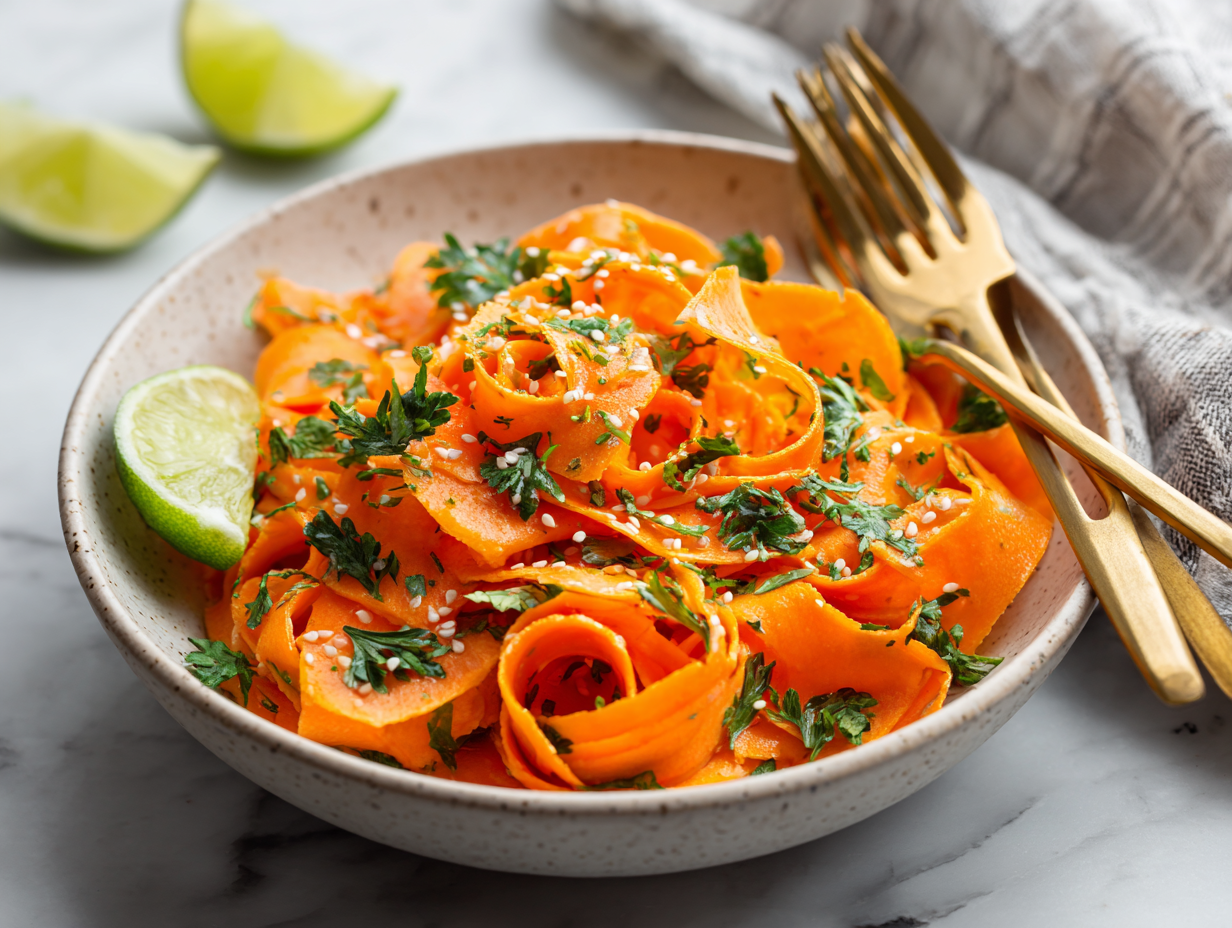 Raw carrot salad in rustic kitchen