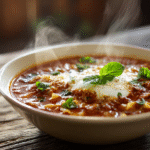 Homemade Lasagna Soup in a rustic bowl topped with cheese and basil
