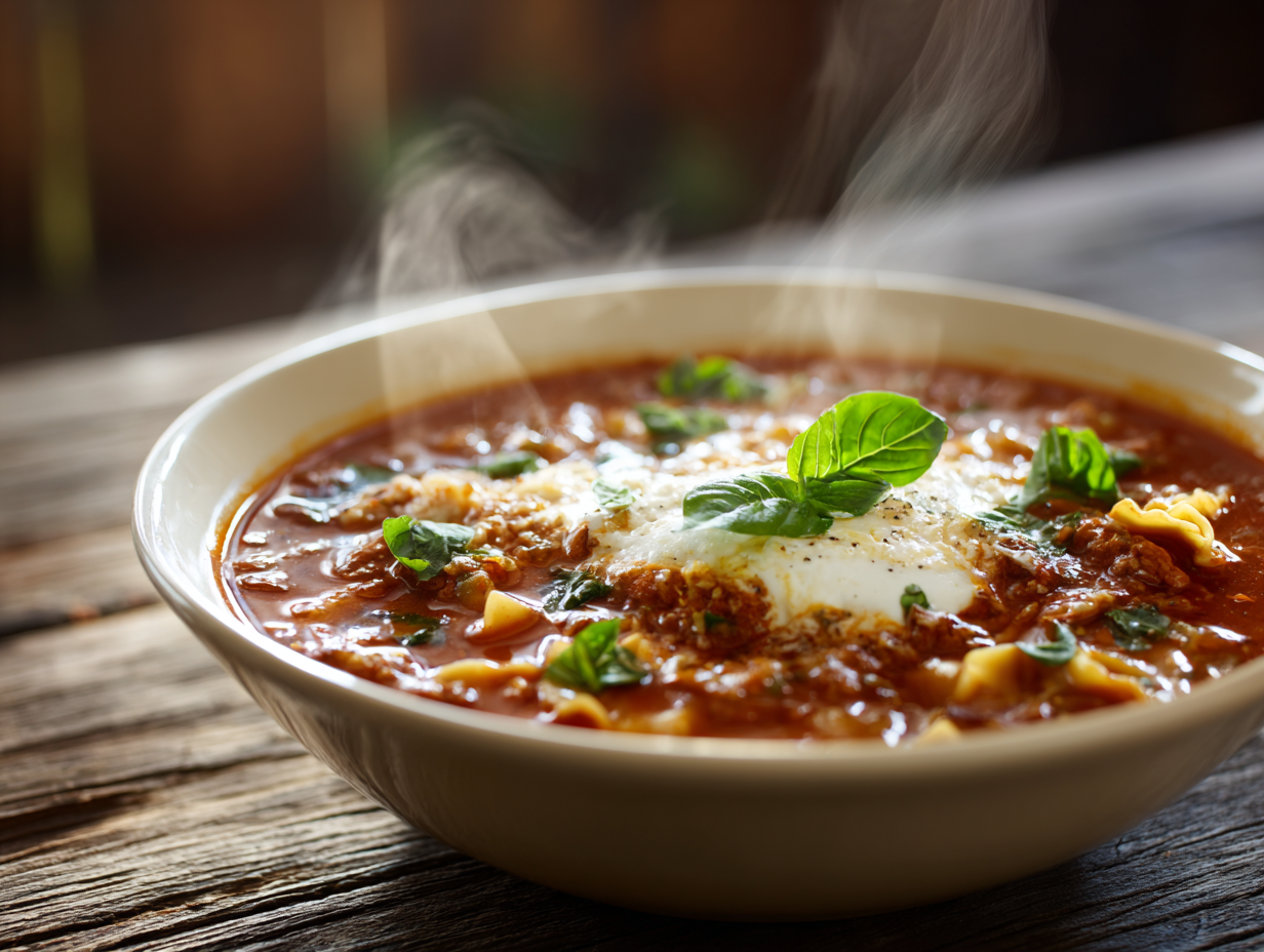 Homemade Lasagna Soup in a rustic bowl topped with cheese and basil